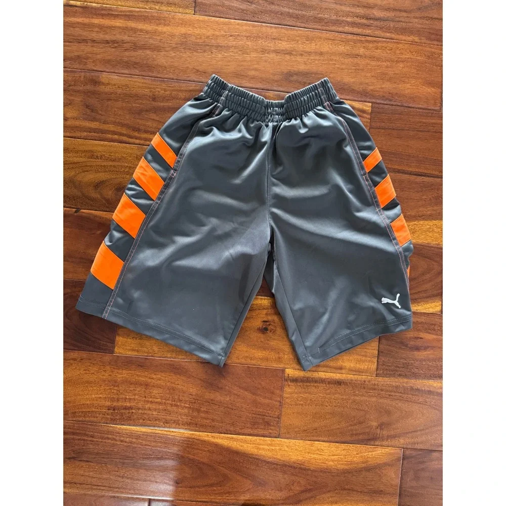 Puma Athletic Shorts Boys Small Gray Orange Excellent Striped Sport Lifestyle